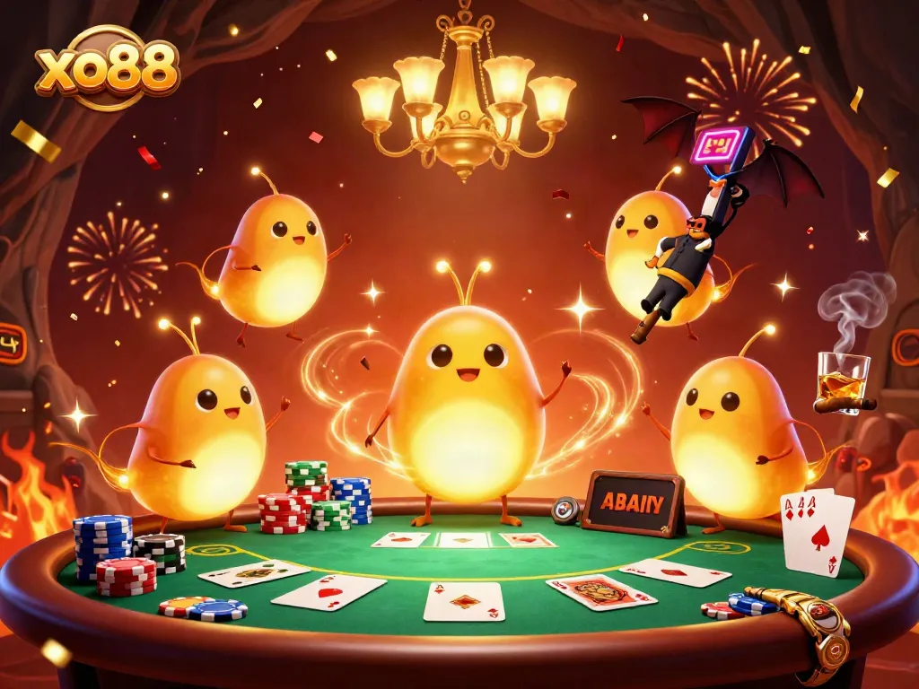 Win big at xo88 with vibrant 3D casino scene featuring lively glowworms and poker action.