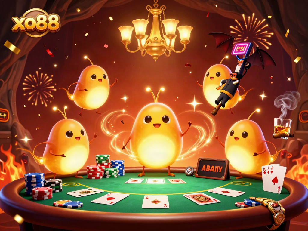 Win big at xo88 with vibrant 3D casino scene featuring lively glowworms and poker action.