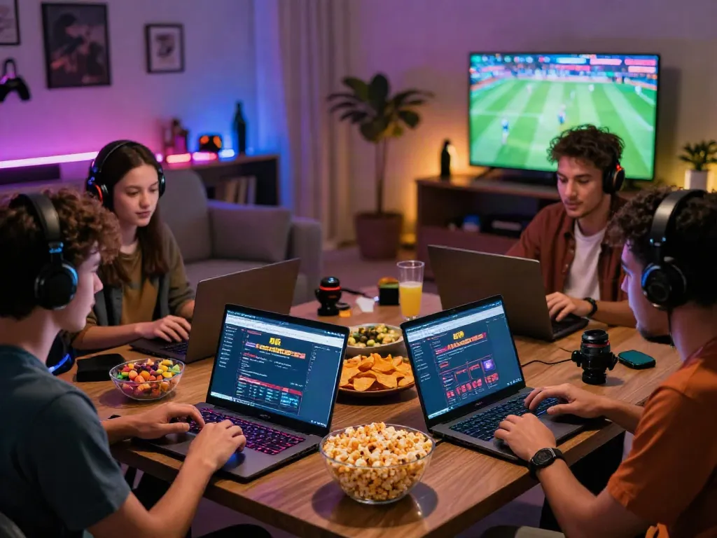 Friends enjoying gaming night with sites not on Gamstop on laptops in cozy living room.