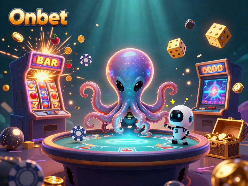 Experience poker excitement with Onbet in this vibrant 3D casino scene featuring a space octopus.