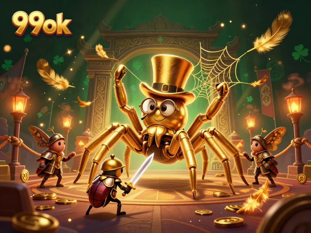 Engage with the adventurous 99ok gaming scene featuring a golden tarantula and beetle knight.
