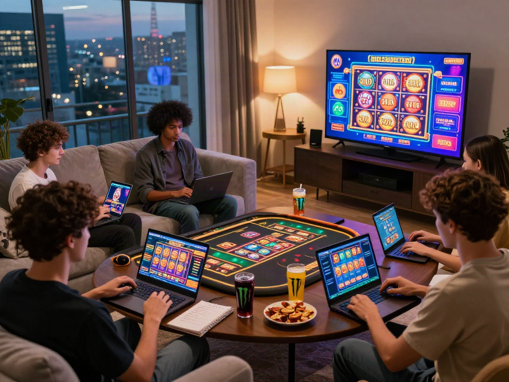 Group of players exploring sites not on GamStop in a cozy gaming setup