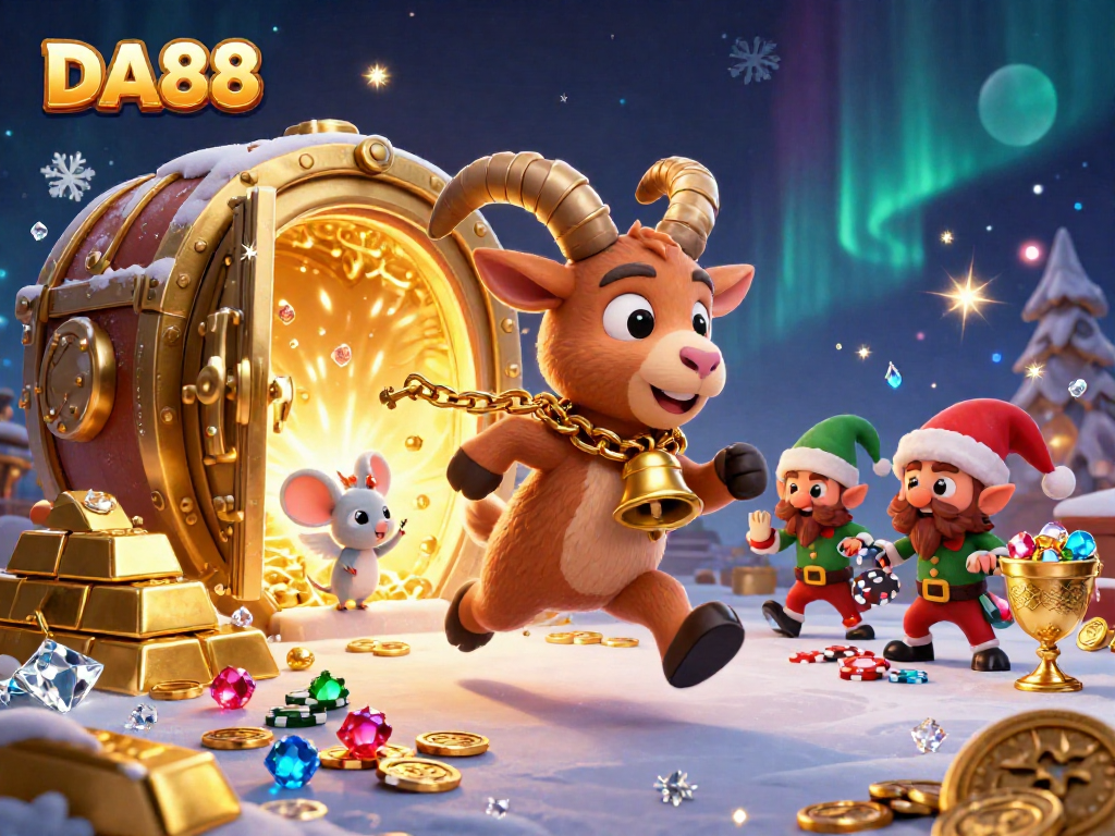 Engage in thrilling gameplay at DA88's festive casino with an exciting 3D Krampus-themed illustration.