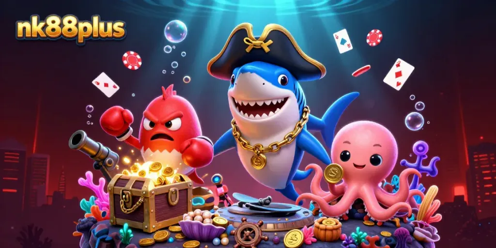 Engaging nk88plus casino scene featuring a pirate shark, pufferfish, and octopus with glowing treasure.