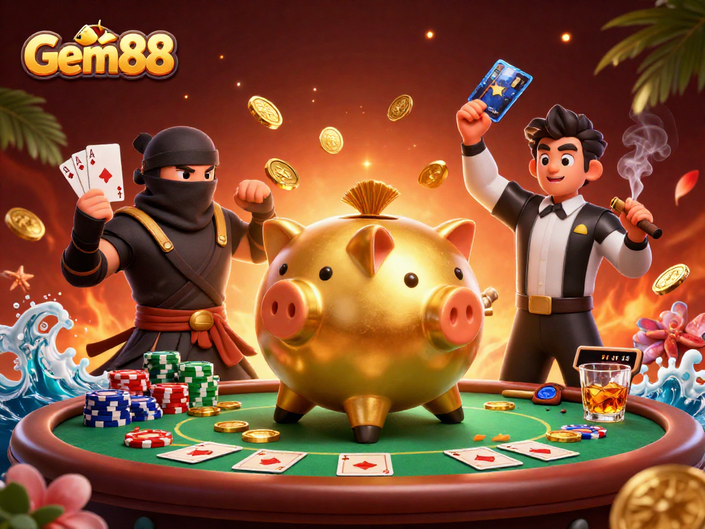 Engage in thrilling gaming adventures at Gem88 with vibrant 3D casino characters and dynamic action.