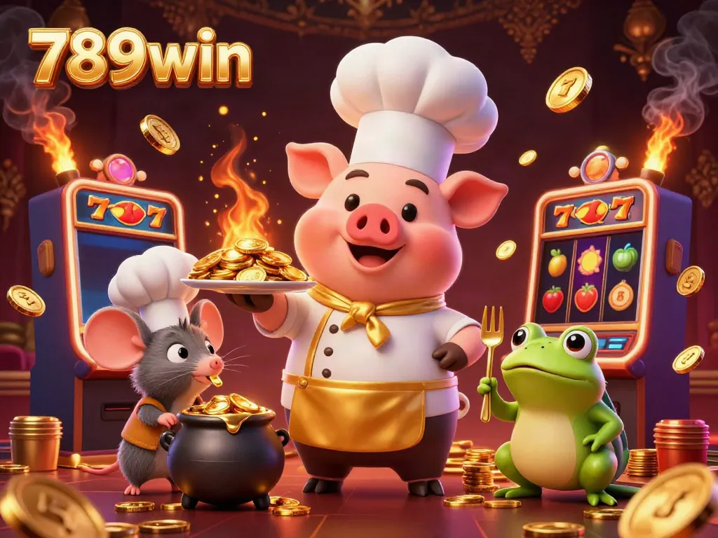 Enjoy gameplay and winning moments with 789win, showcasing colorful slot machines and gold coins.