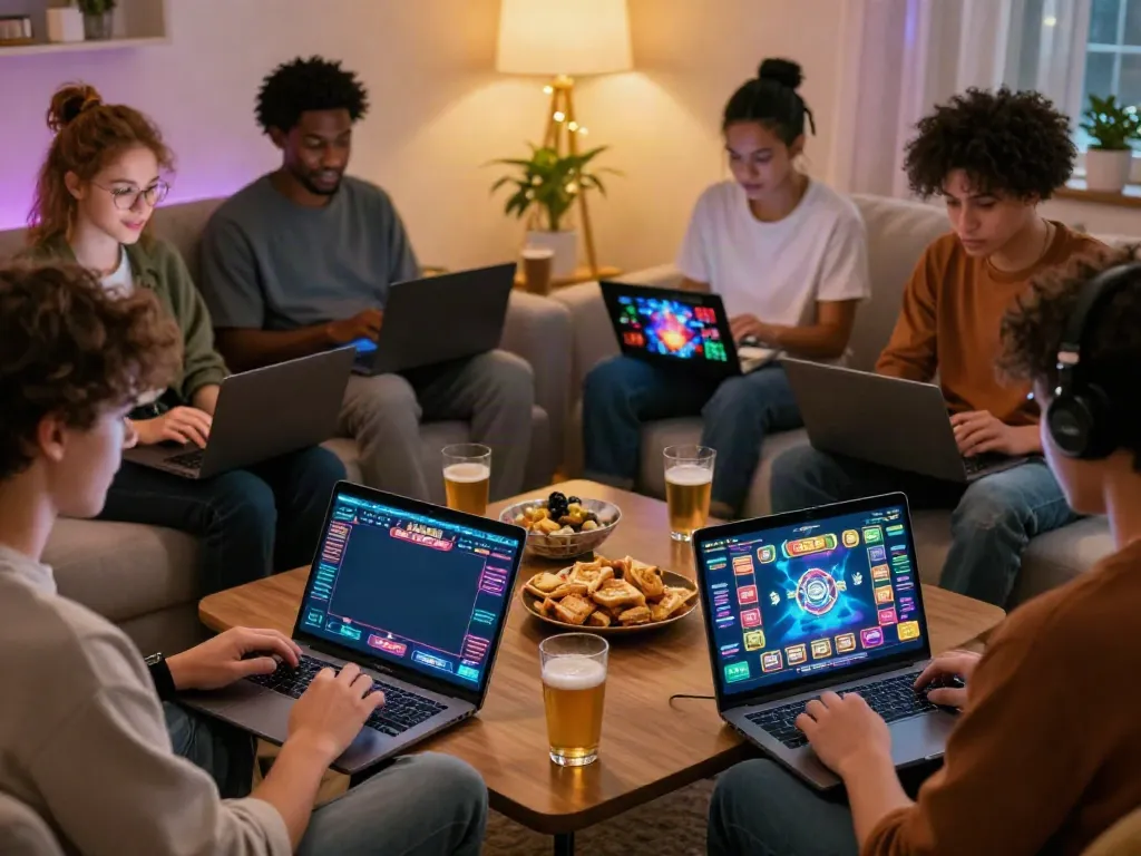 Group enjoying a gaming night with sites not on gamstop at home.