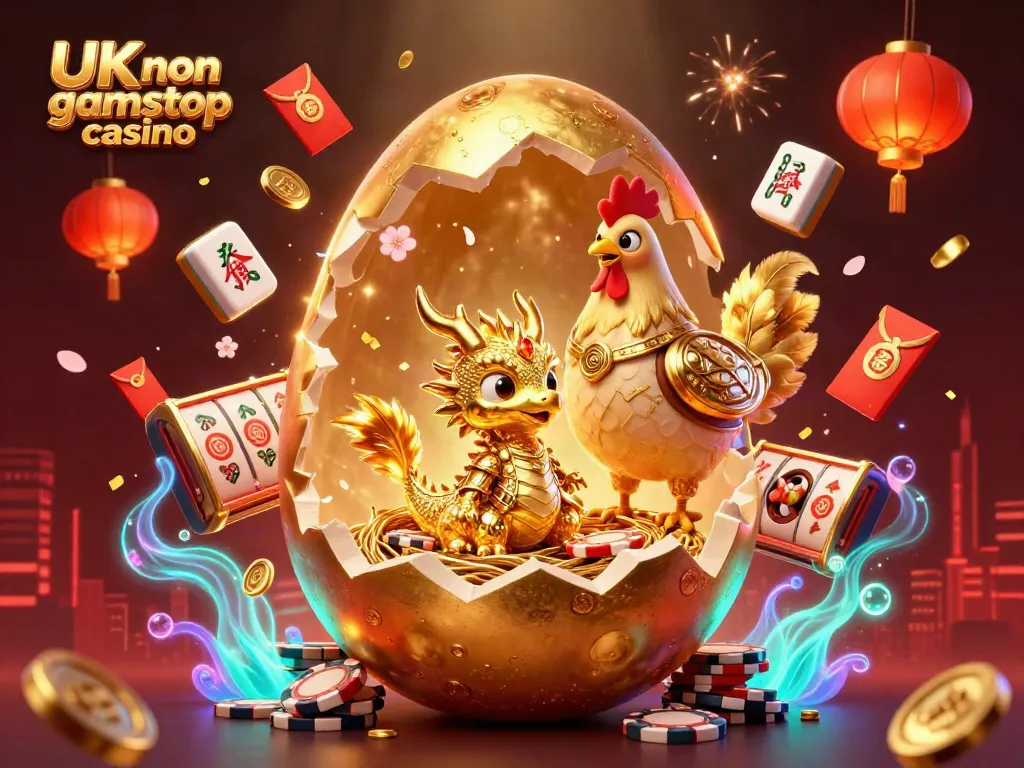 Engage with the vibrant scene showcasing a UK non gamstop casino concept featuring a golden baby dragon and rich casino elements.