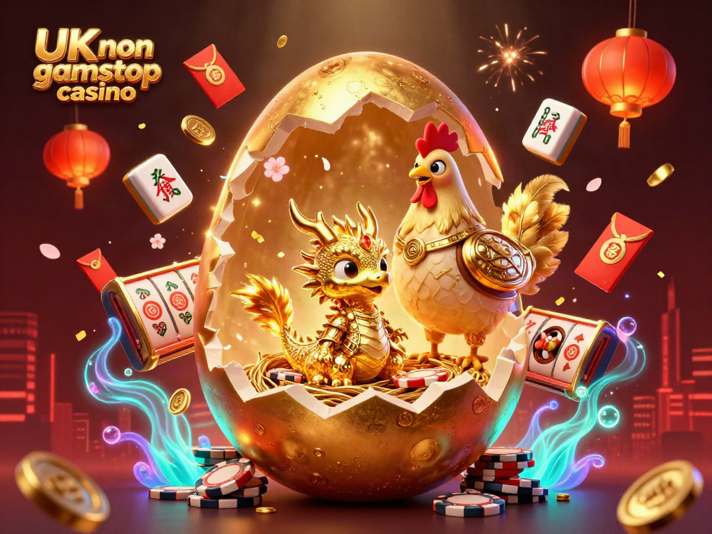 Engage with the vibrant scene showcasing a UK non gamstop casino concept featuring a golden baby dragon and rich casino elements.