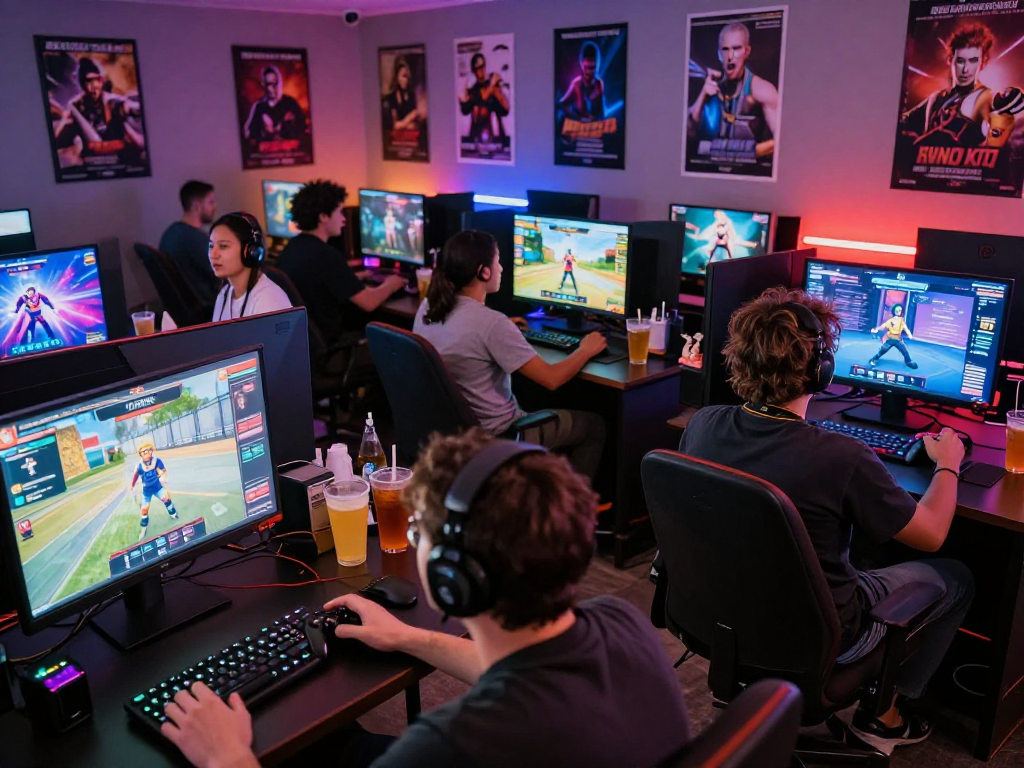 Group of gamers enjoying various porn games in an interactive gaming lounge.