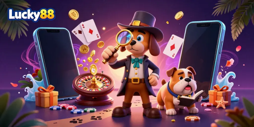 Experience Lucky88's vibrant casino scene with characters exploring slot game clues and treasure.