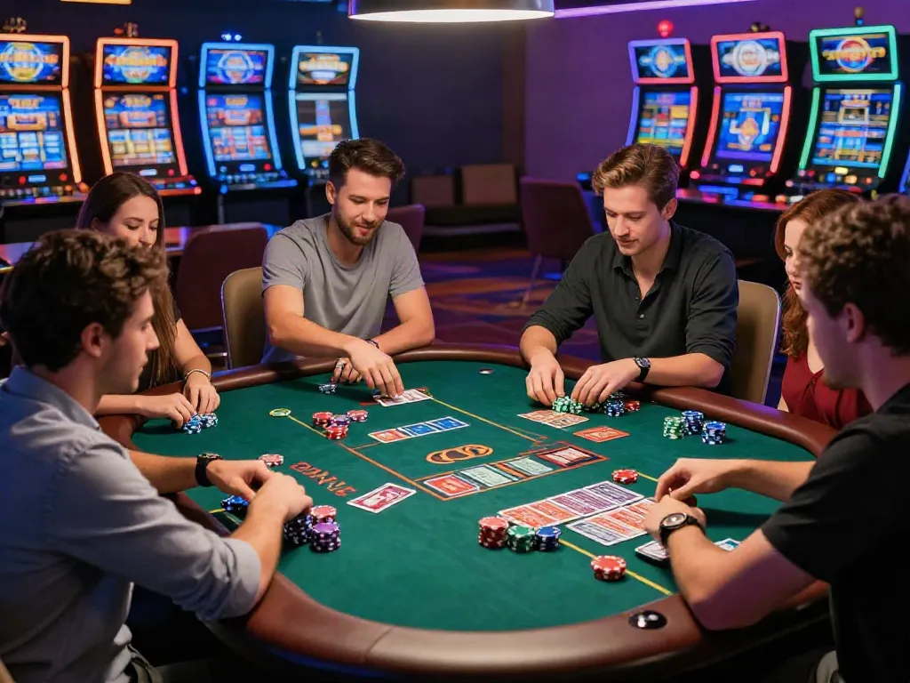 Exciting gaming scene at sites not on GamStop with diverse players and colorful casino ambiance.