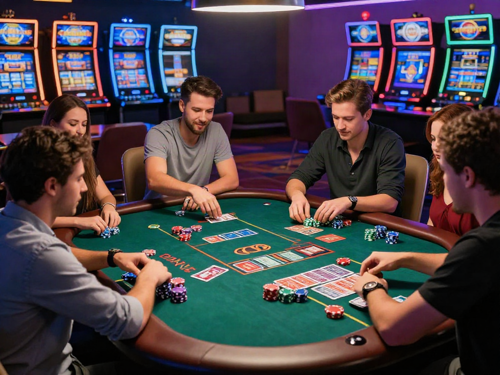 Exciting gaming scene at sites not on GamStop with diverse players and colorful casino ambiance.