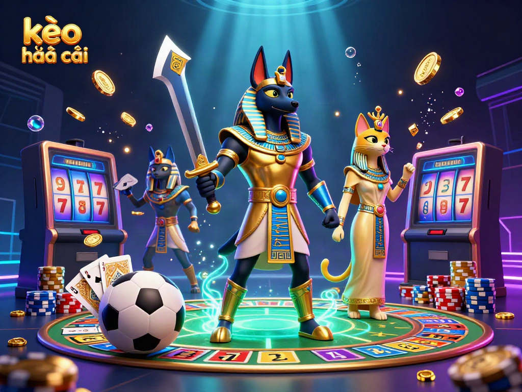 Engage with kèo nhà cái through an energetic scene of Anubis and Bastet enhancing the sports betting experience.