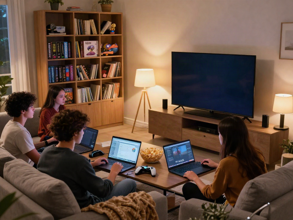 Friends enjoying gaming night with sites not on gamstop in a cozy living room.