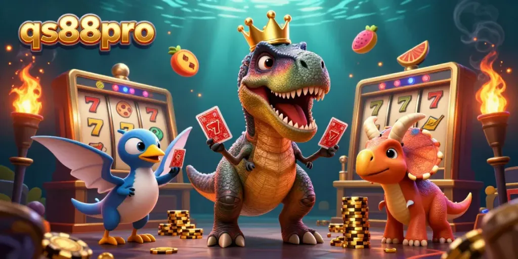Engage with qs88pro as a T-Rex shuffles cards, a pterodactyl assists, and a triceratops stacks chips in a thrilling casino scene.