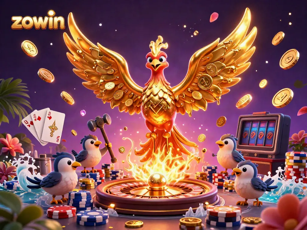 Experience dazzling gaming with the molten gold phoenix at Zowin Casino, surrounded by vibrant casino elements.