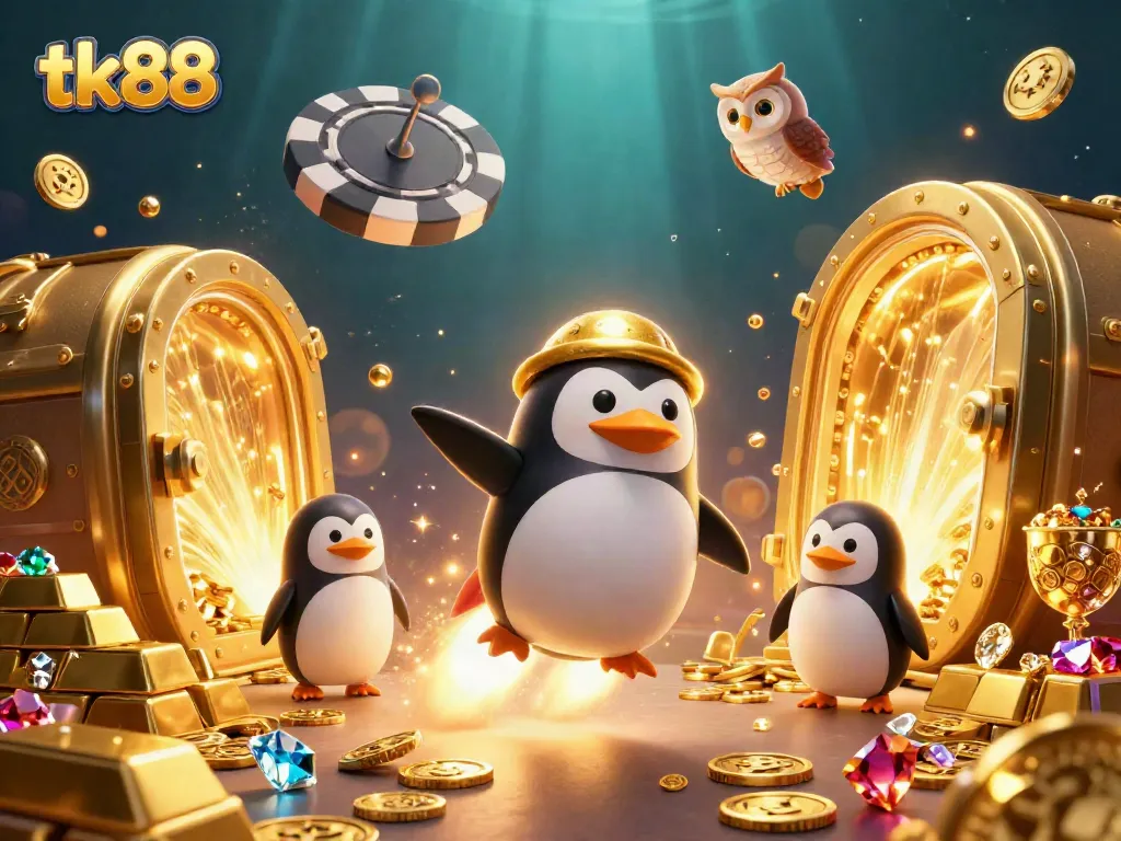tk88's dynamic 3D casino scene showcases a penguin and fortune elements, perfect for gaming enthusiasts.