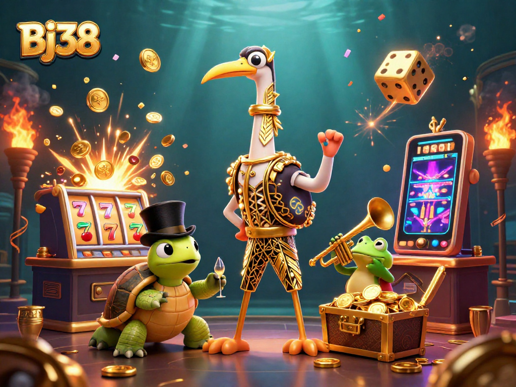 Bj38 offers thrilling casino adventures featuring a golden crane, turtle, and frog with colorful games and coins.