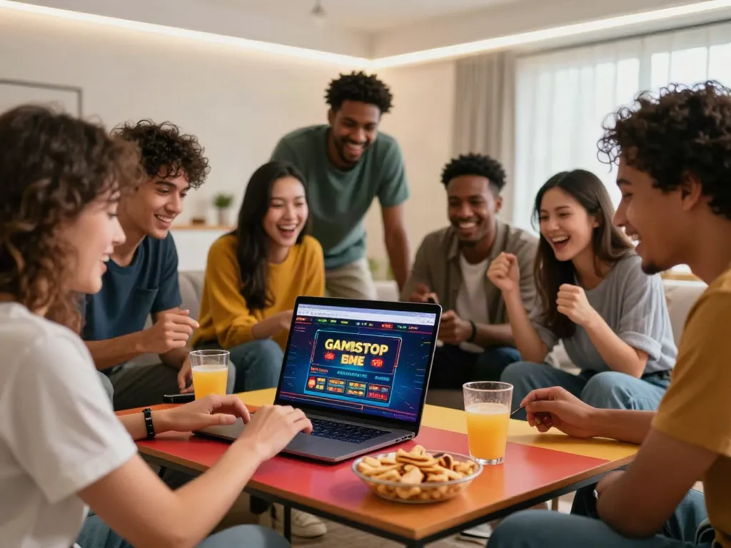 Friends enjoying online gambling at sites not on gamstop in a vibrant living room.
