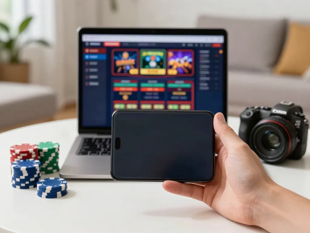 Engaging gambling experience with sites not on gamstop on a laptop, smartphone, and poker chips.