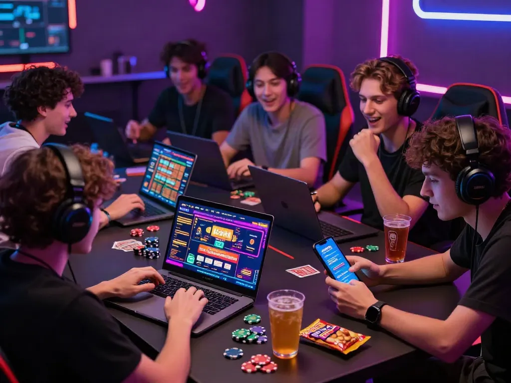 Engaging scene of young adults exploring sites not on gamstop in a lively gaming lounge.