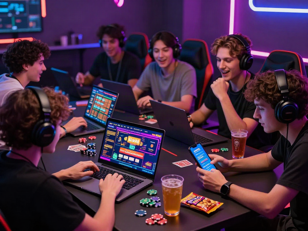 Engaging scene of young adults exploring sites not on gamstop in a lively gaming lounge.