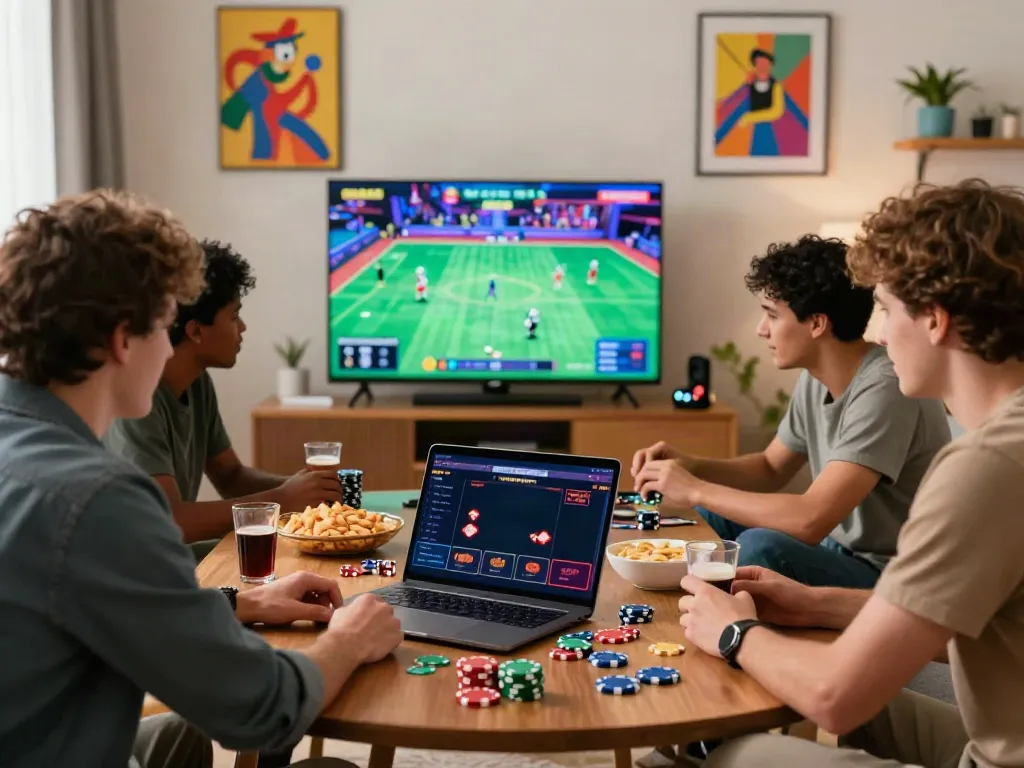 Group of friends enjoying online gambling at sites not on gamstop in a vibrant living room.