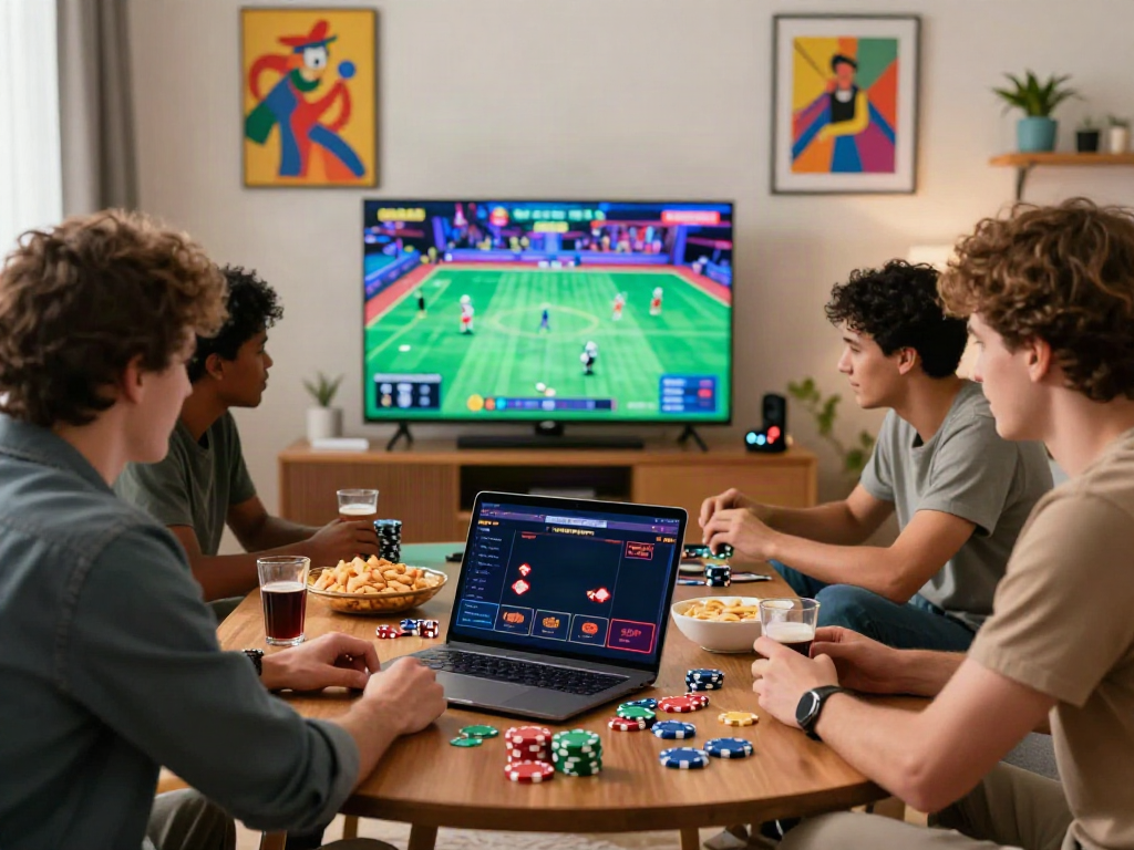 Group of friends enjoying online gambling at sites not on gamstop in a vibrant living room.