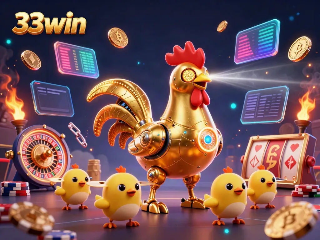Experience the excitement of the 33win casino with vibrant 3D illustration featuring games and crypto elements.