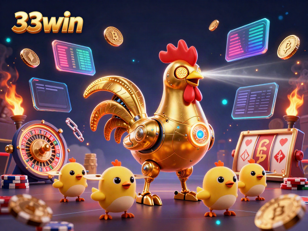 Experience the excitement of the 33win casino with vibrant 3D illustration featuring games and crypto elements.