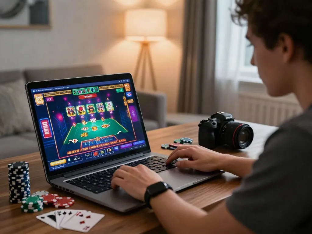 Casual gambler exploring sites not on gamstop with vibrant gaming setup at home.