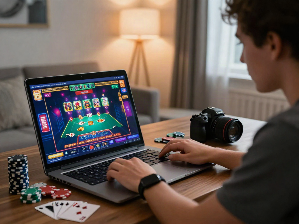Casual gambler exploring sites not on gamstop with vibrant gaming setup at home.