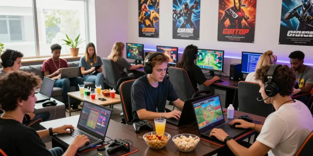 Friends enjoying gaming in a lively lounge featuring sites not on GamStop