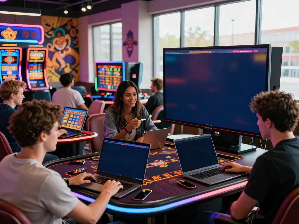Players exploring sites not on GamStop in a lively online casino setting.