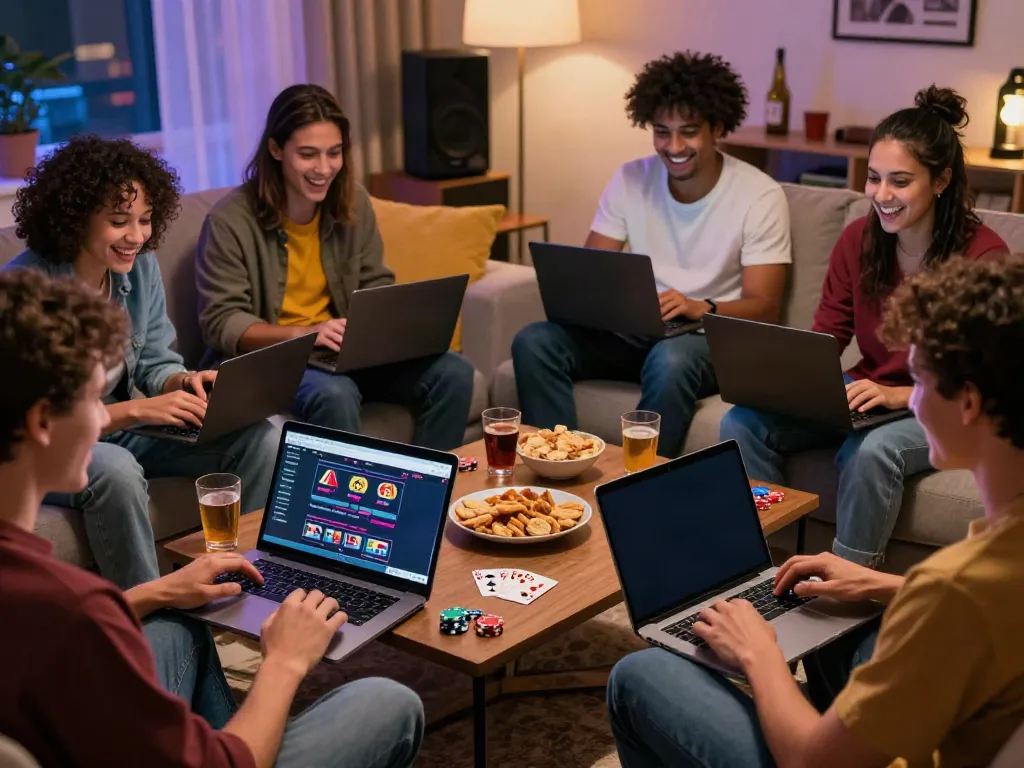 Friends exploring sites not on GamStop while enjoying drinks in a cozy living room.