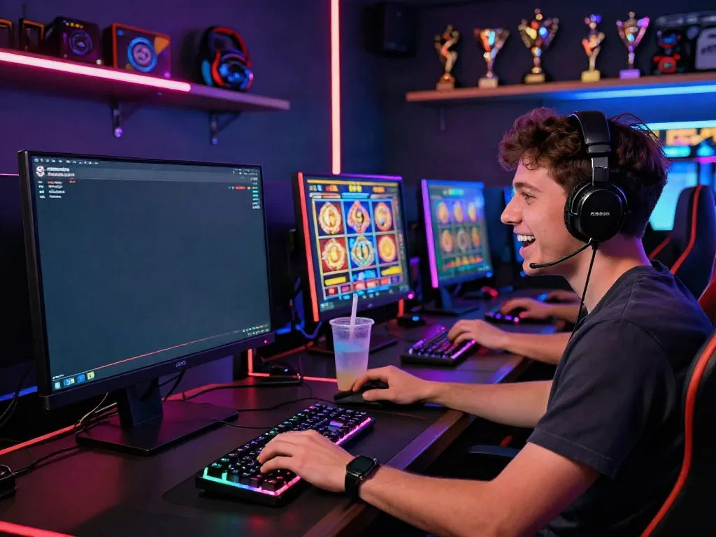 Player enjoying sites not on gamstop with vibrant gameplay on computer, highlighting the gaming atmosphere.