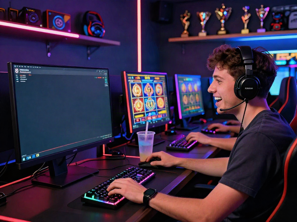 Player enjoying sites not on gamstop with vibrant gameplay on computer, highlighting the gaming atmosphere.