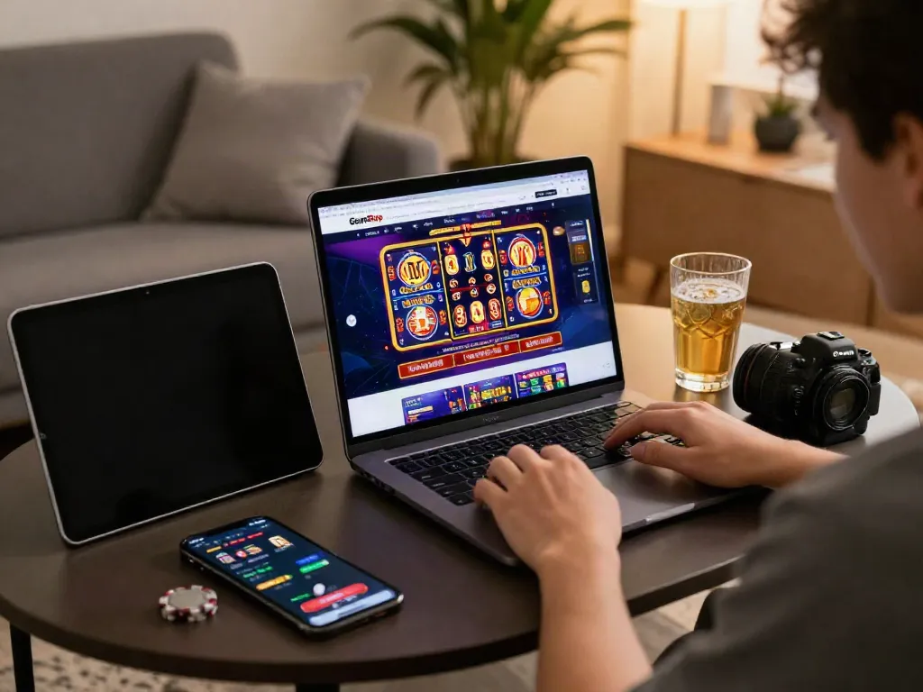 Engaged user browsing sites not on GamStop in a cozy living room setting.