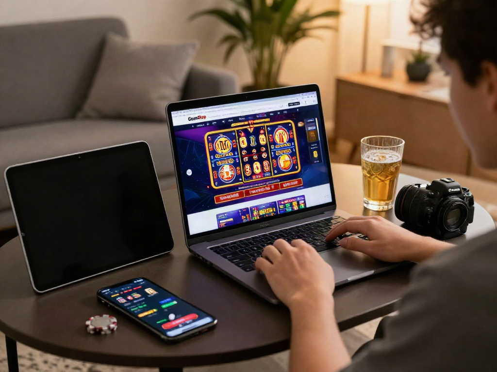 Engaged user browsing sites not on GamStop in a cozy living room setting.