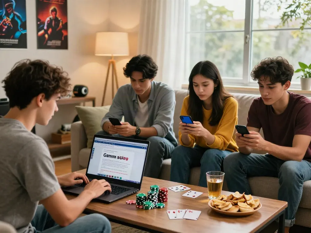 Group of friends researching sites not on Gamstop while enjoying gaming at home.