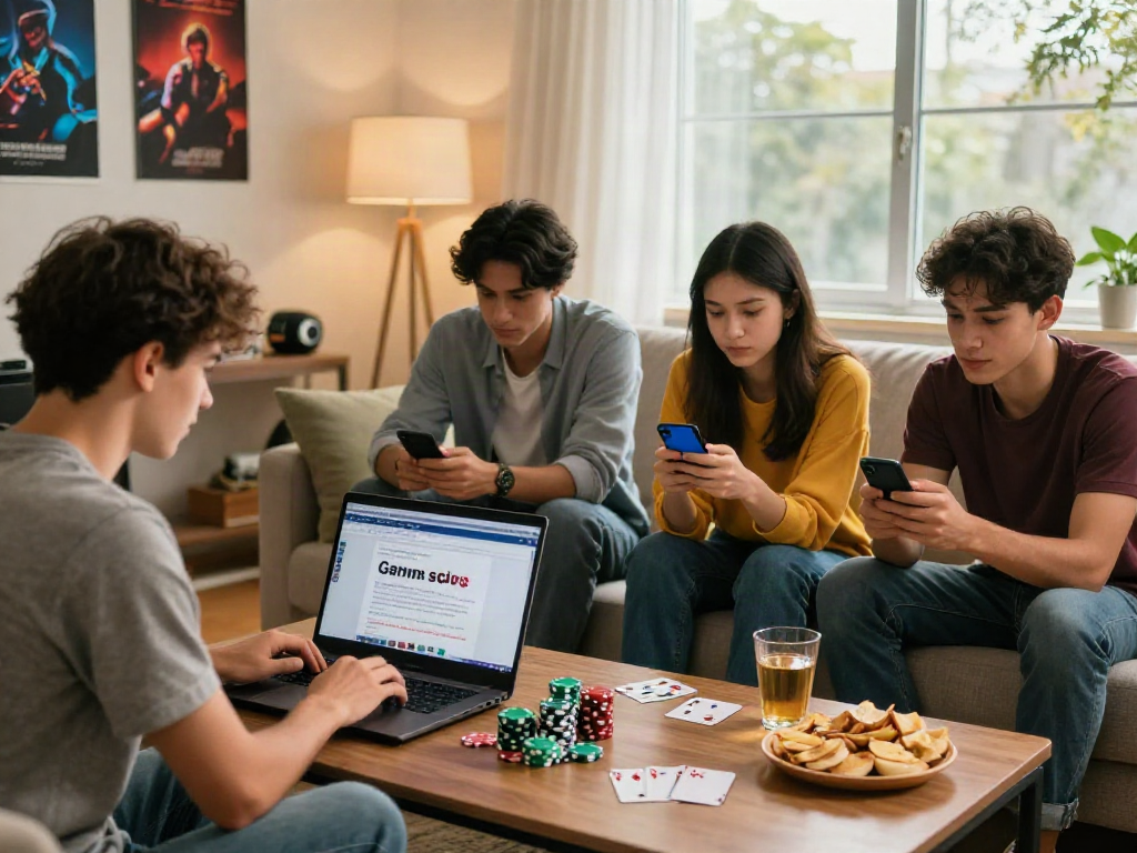 Group of friends researching sites not on Gamstop while enjoying gaming at home.