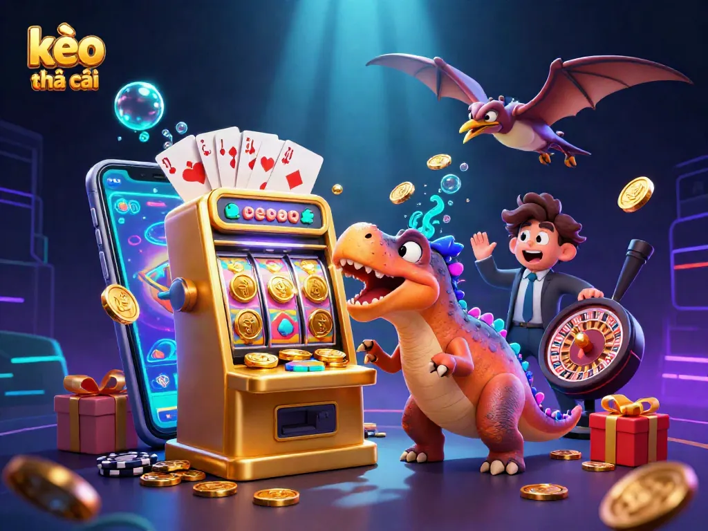 kèo nhà cái cartoon character celebrates jackpot at slot machine, capturing excitement in a dynamic casino scene
