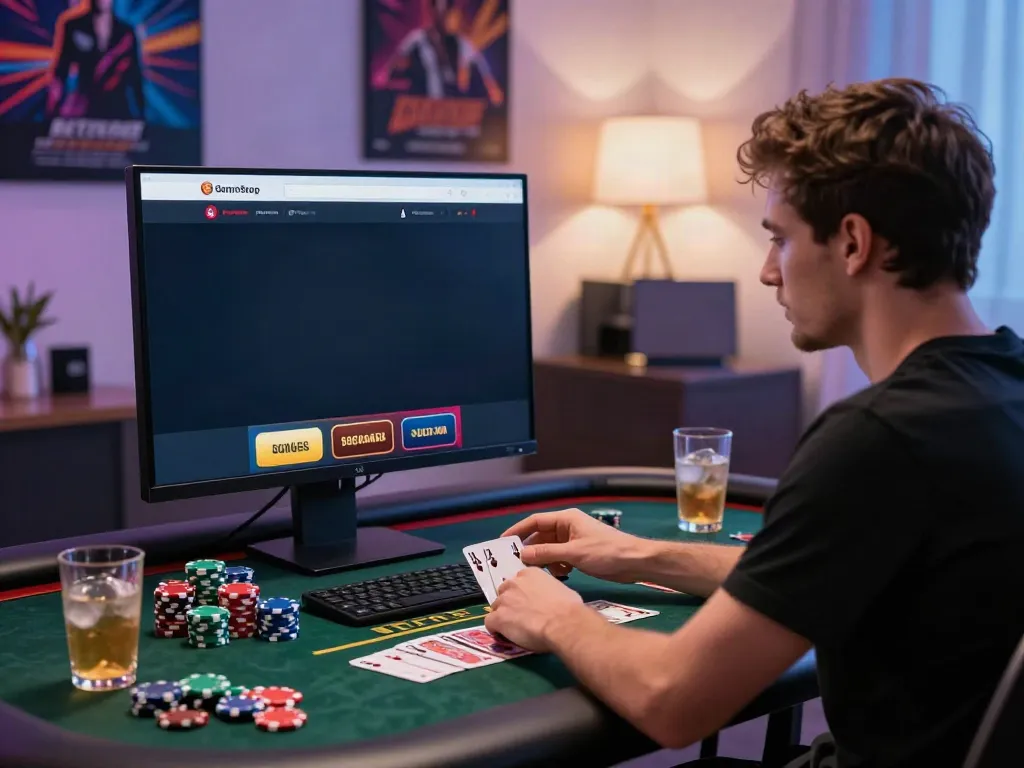 Player exploring sites not on Gamstop in a modern home office.