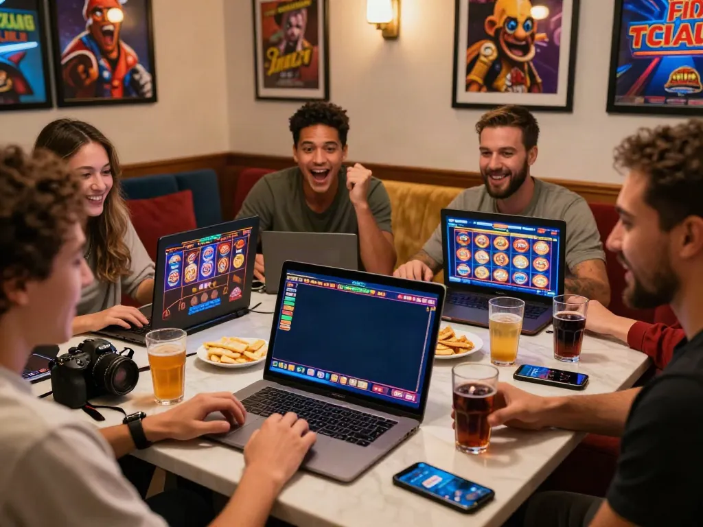 Friends enjoying sites not on gamstop in an exciting online casino environment.