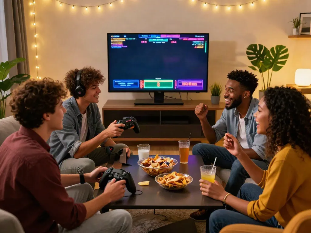 Friends enjoying gaming night with sites not on gamstop in cozy atmosphere
