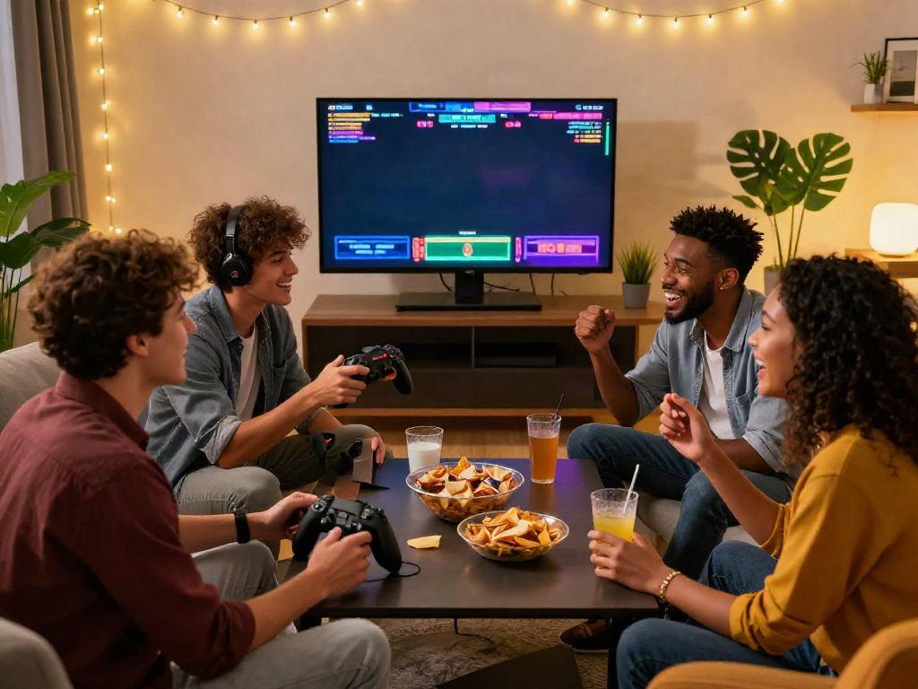 Friends enjoying gaming night with sites not on gamstop in cozy atmosphere