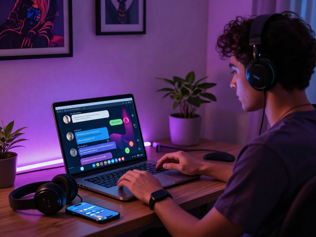Engaging nsfw AI chat scene with user interacting in a cozy tech environment.