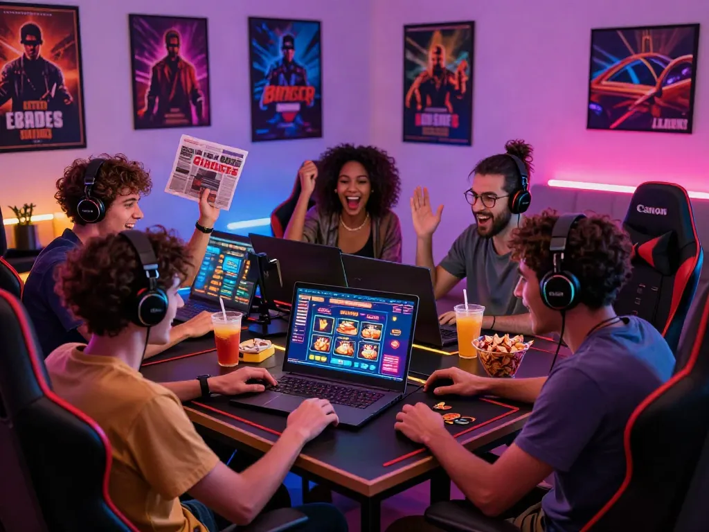 Friends enjoying online gaming at home, exploring sites not on GamStop.