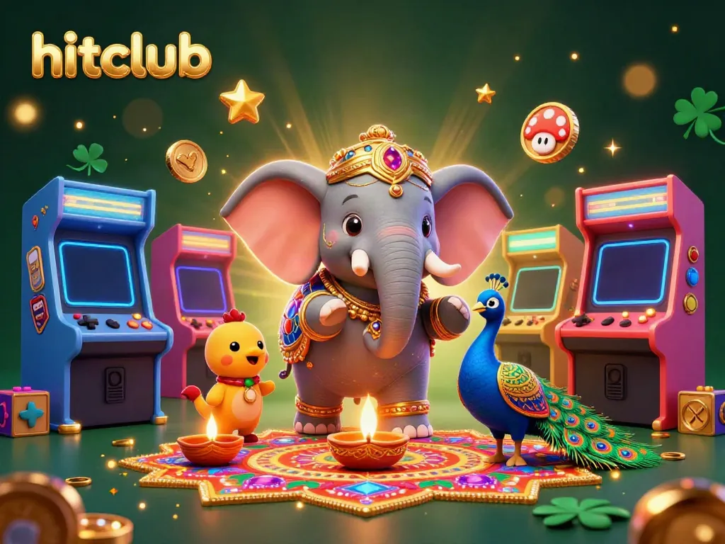 Experience the vibrant energy of hitclub with 3D characters and exciting game elements in a casino-themed illustration.